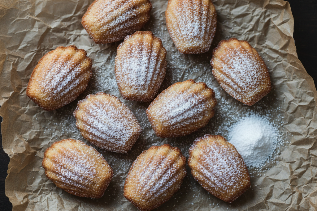 madeleines on craft paper dusted in powder sugar